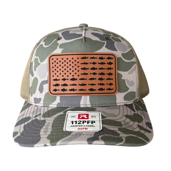 American Flag Fish Trucker Hat, Leather Patch Fishing Hat, Patriotic Bass Cap
