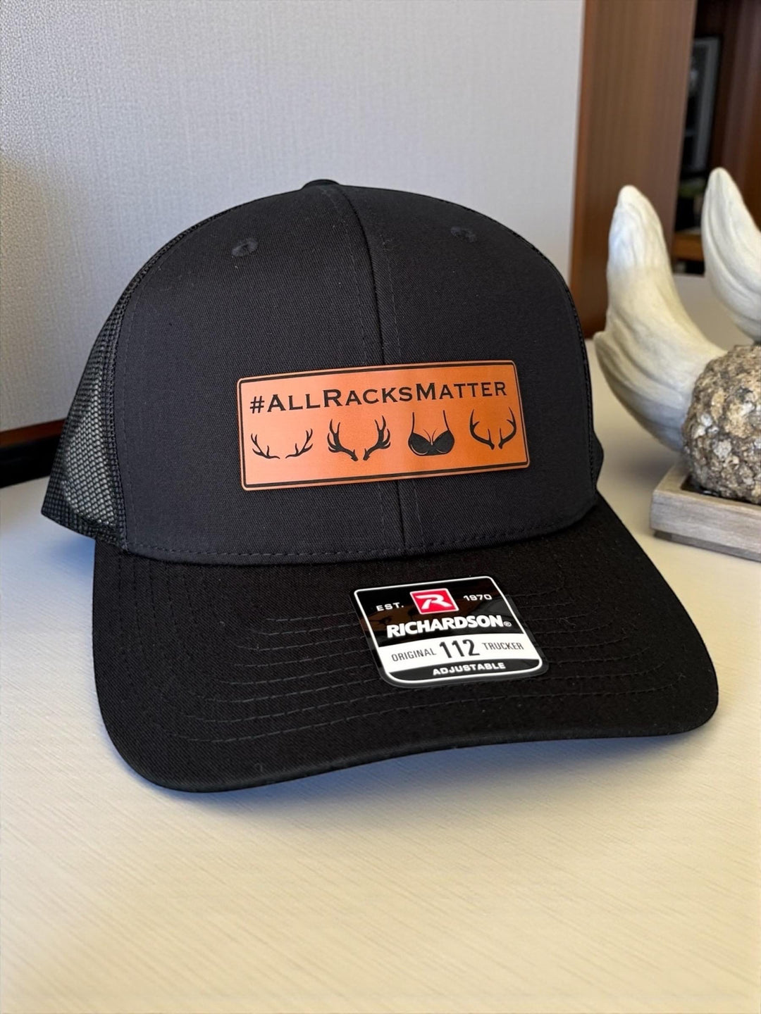 All Racks Matter blaze orange hunting Richardson 112 trucker hat by BubbleHead Ink