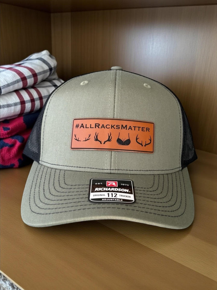All Racks Matter blaze orange hunting Richardson 112 trucker hat by BubbleHead Ink