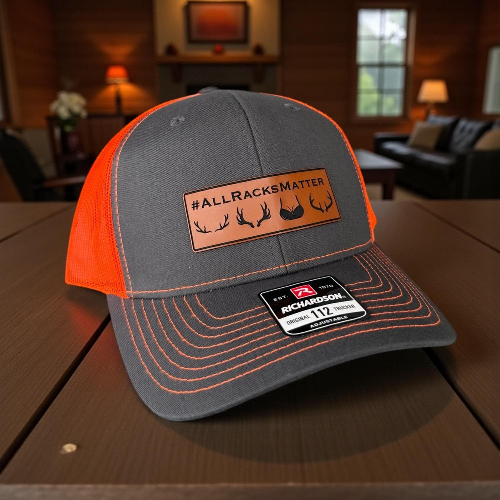 All Racks Matter blaze orange hunting Richardson 112 trucker hat by BubbleHead Ink
