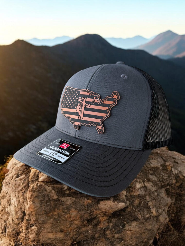 American flag lineman trucker hat by BubbleHead Ink