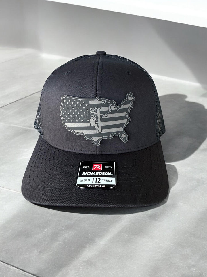 American flag lineman trucker hat by BubbleHead Ink