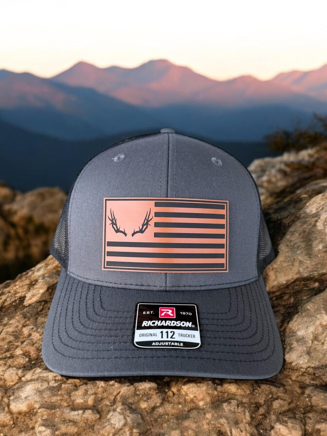 Deer antler American flag hunting Richardson 112 trucker hat by BubbleHead Ink