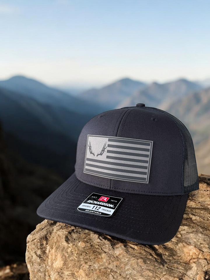 Deer antler American flag hunting Richardson 112 trucker hat by BubbleHead Ink