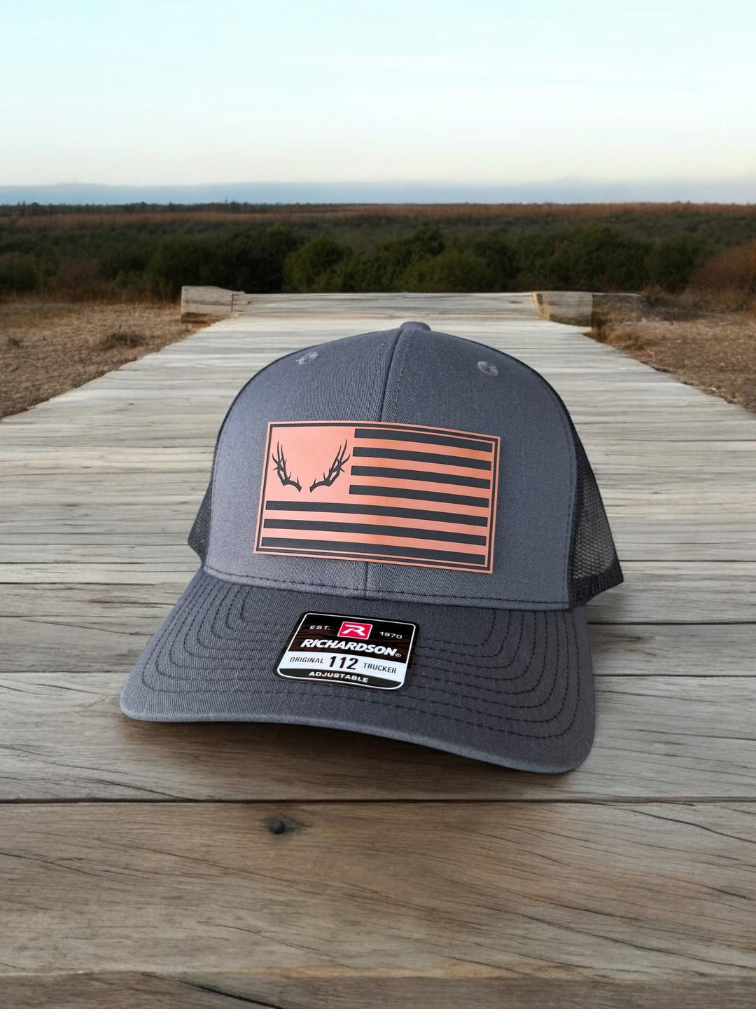 Deer antler American flag hunting Richardson 112 trucker hat by BubbleHead Ink