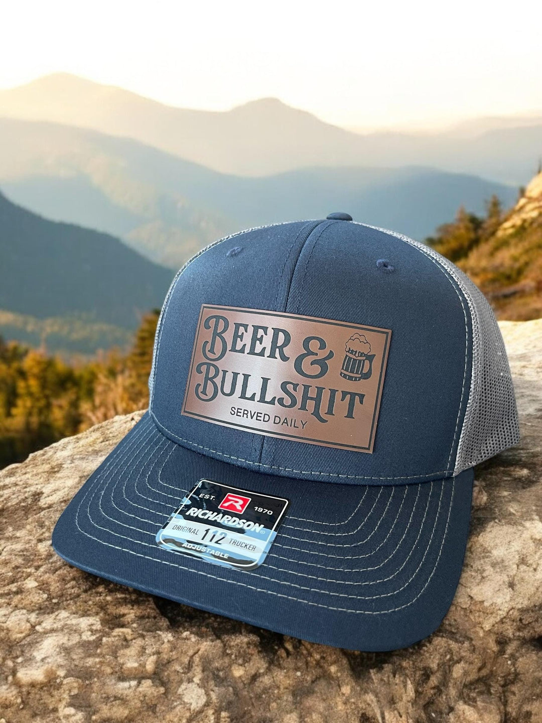 Beer and Bullshit funny Richardson 112 trucker hat for beer lovers by BubbleHead Ink