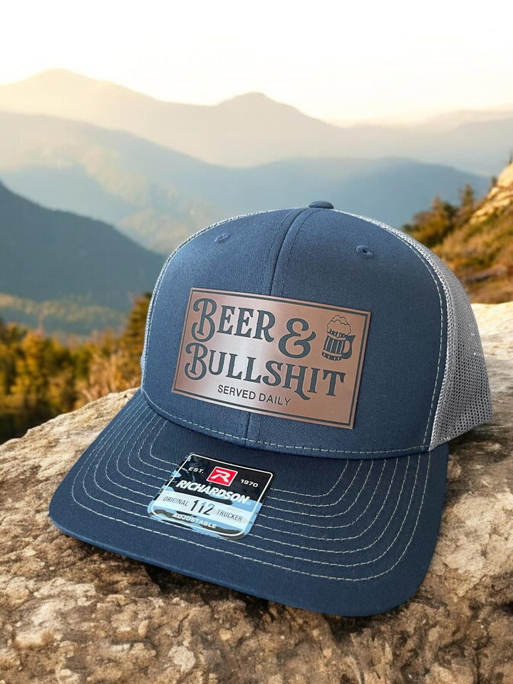 Beer and Bullshit funny Richardson 112 trucker hat for beer lovers by BubbleHead Ink