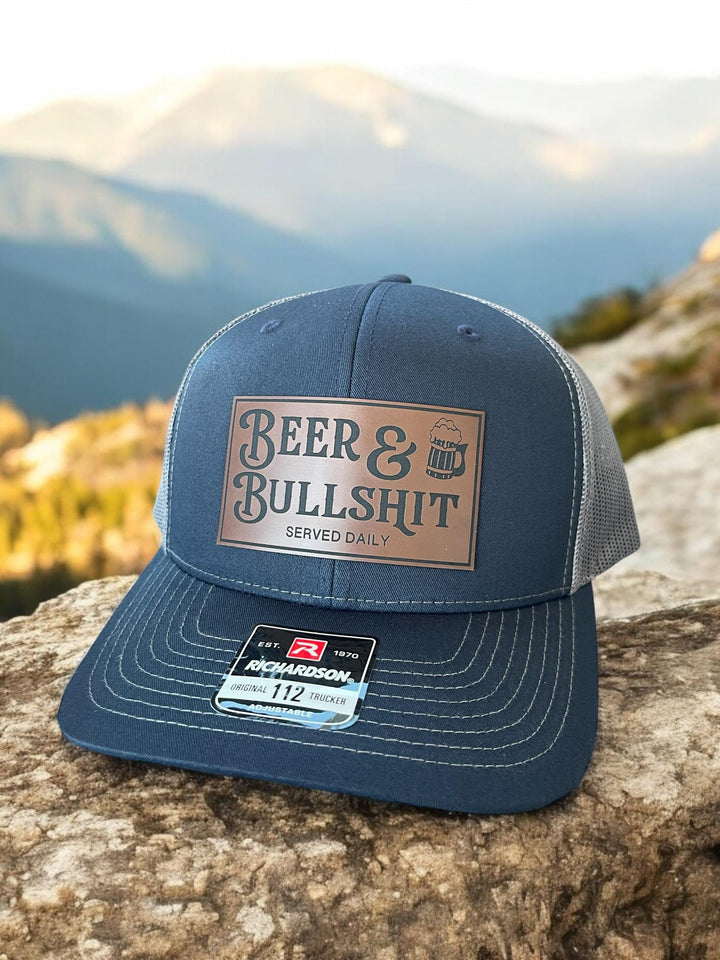 Beer and Bullshit funny Richardson 112 trucker hat for beer lovers by BubbleHead Ink