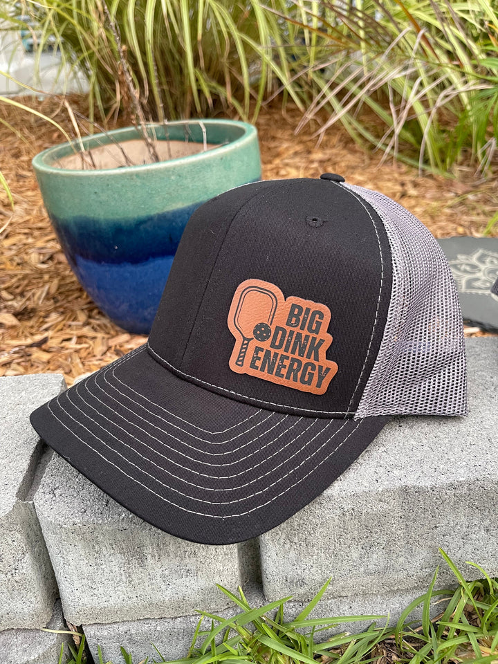 Big Dink Energy funny pickleball trucker hat with leather patch by BubbleHead Ink