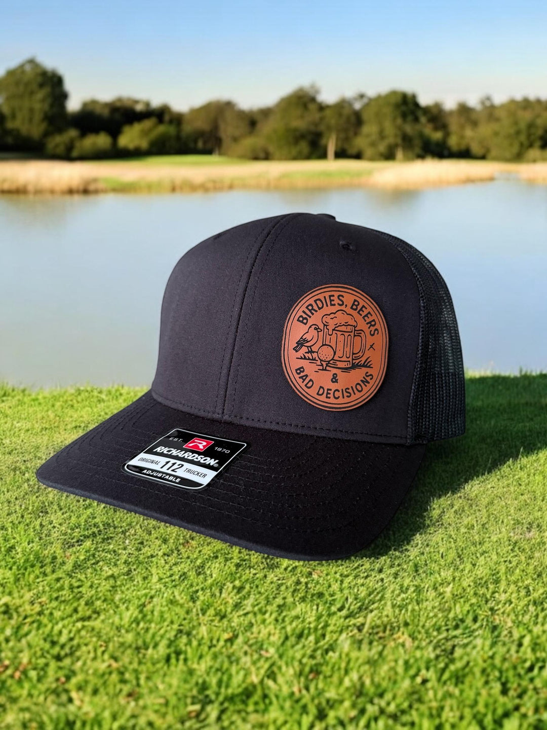 Birdies Brewskies Bad Decisions funny golf trucker hat by BubbleHead Ink
