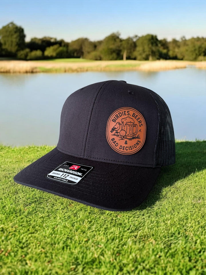 Birdies Brewskies Bad Decisions funny golf trucker hat by BubbleHead Ink