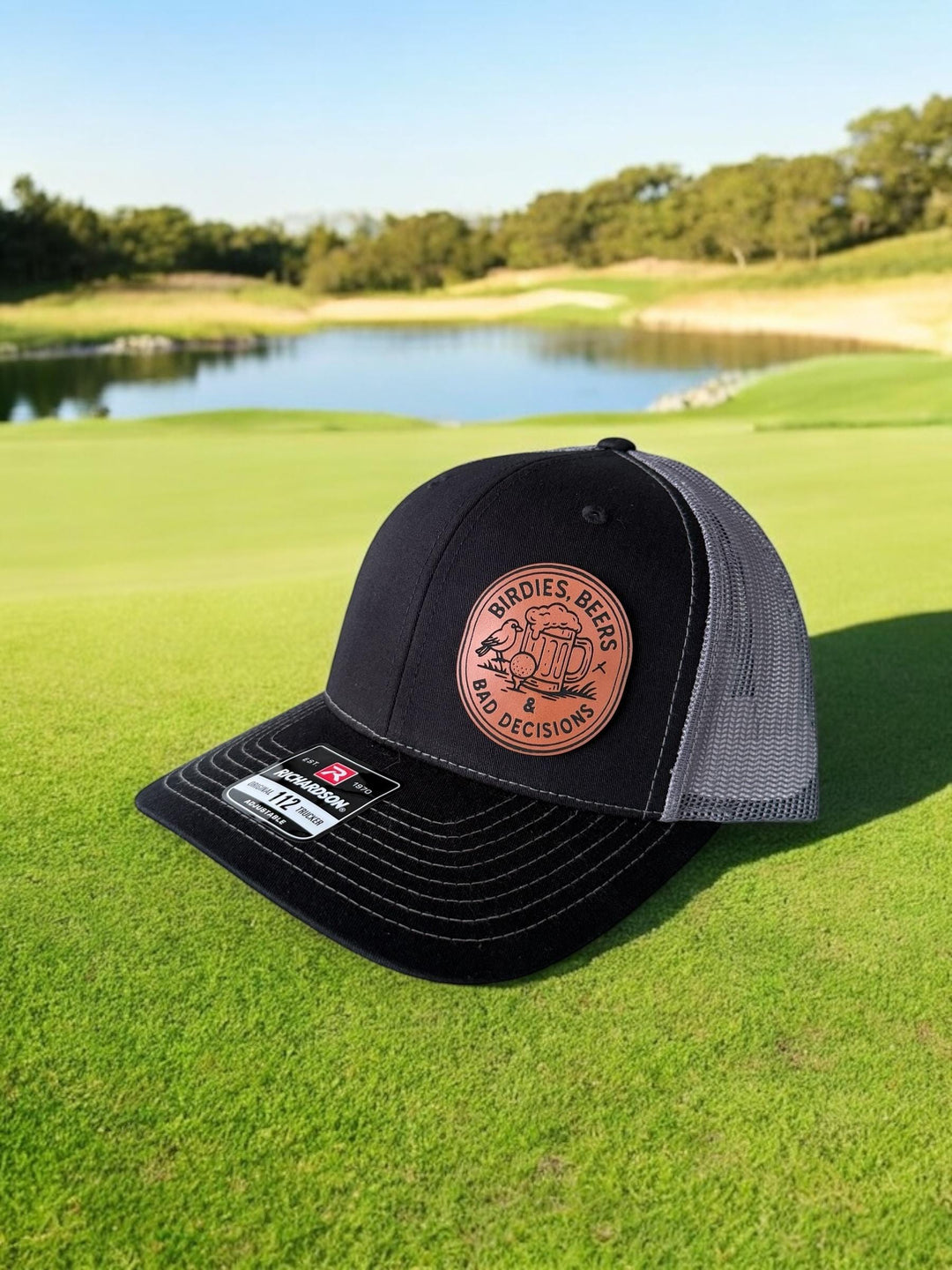 Birdies Brewskies Bad Decisions funny golf trucker hat by BubbleHead Ink