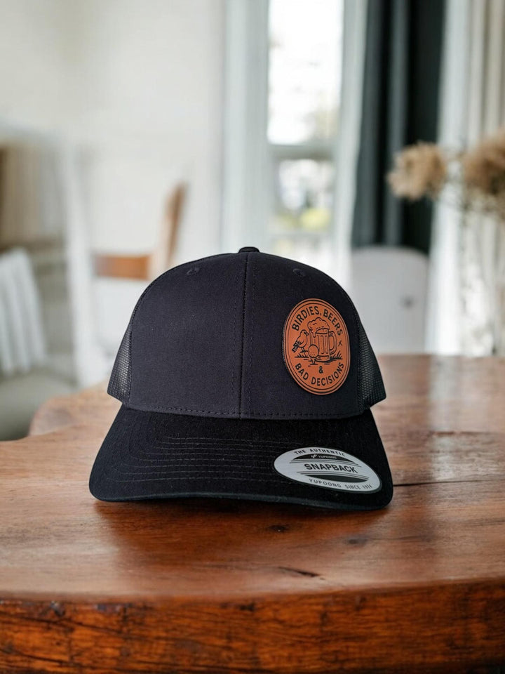 Birdies Brewskies Bad Decisions funny golf trucker hat by BubbleHead Ink