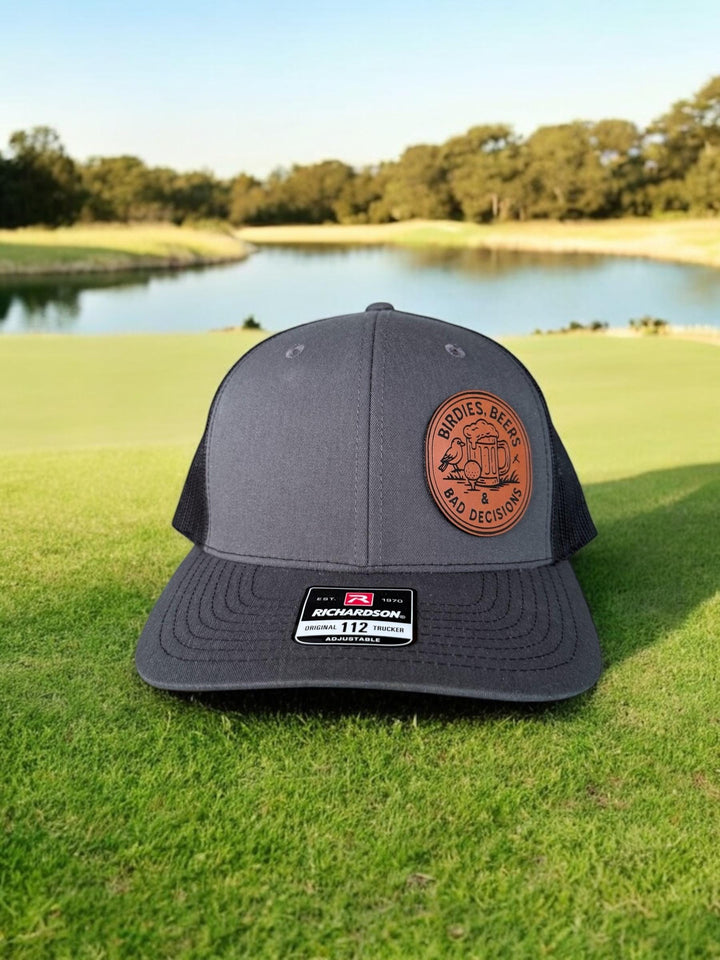 Birdies Brewskies Bad Decisions funny golf trucker hat by BubbleHead Ink