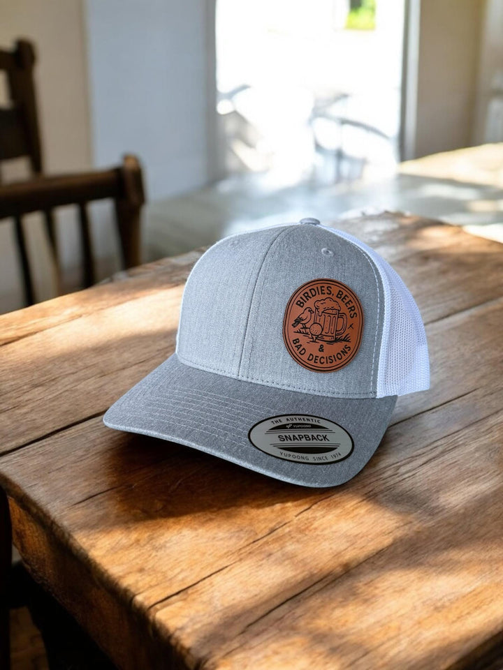 Birdies Brewskies Bad Decisions funny golf trucker hat by BubbleHead Ink