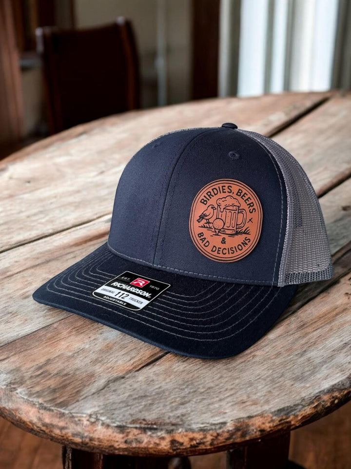 Birdies Brewskies Bad Decisions funny golf trucker hat by BubbleHead Ink