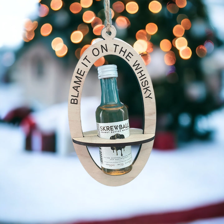 Blame It On The Whisky mini liquor bottle Christmas ornament by BubbleHead Ink