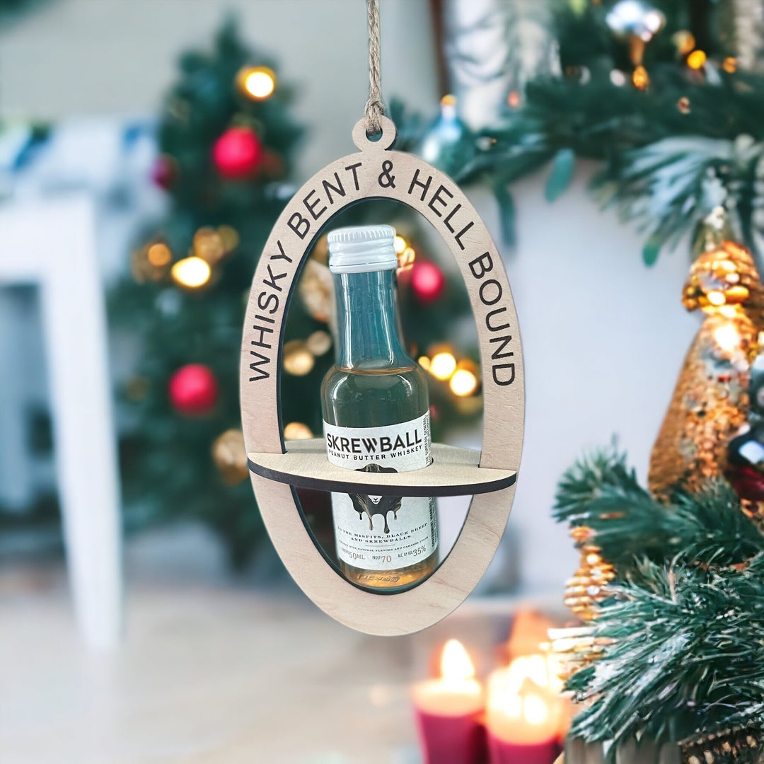 Blame It On The Whisky mini liquor bottle Christmas ornament by BubbleHead Ink