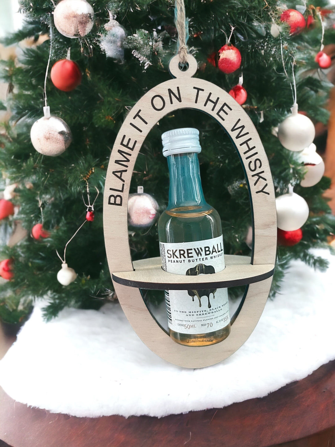 Blame It On The Whisky mini liquor bottle Christmas ornament by BubbleHead Ink