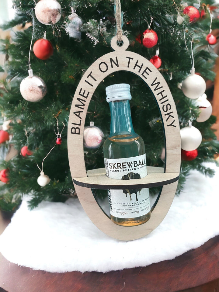Blame It On The Whisky mini liquor bottle Christmas ornament by BubbleHead Ink