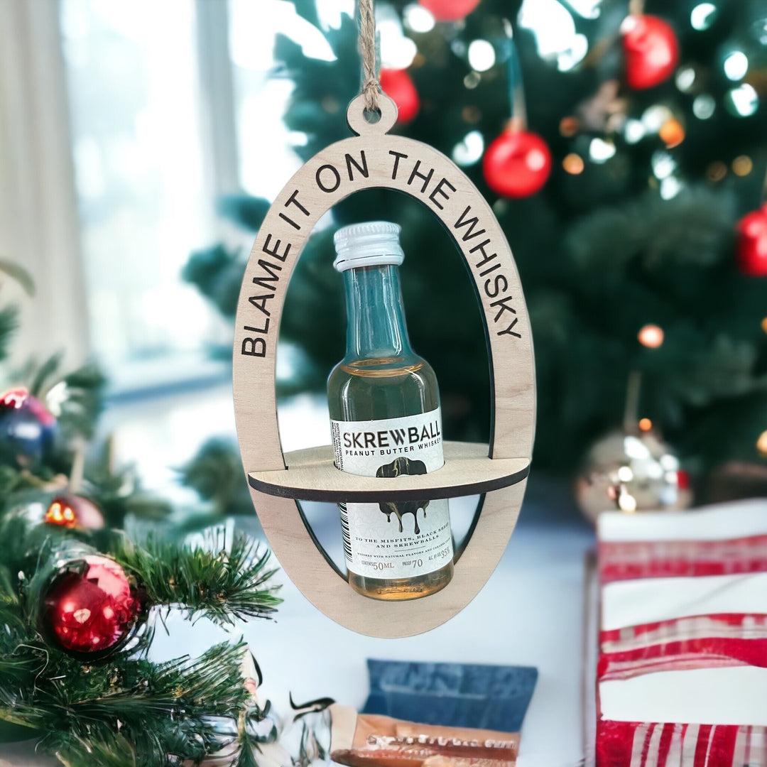 Blame It On The Whisky mini liquor bottle Christmas ornament by BubbleHead Ink