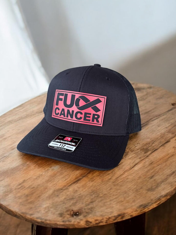 Blood cancer awareness red ribbon ponytail trucker hat by BubbleHead Ink