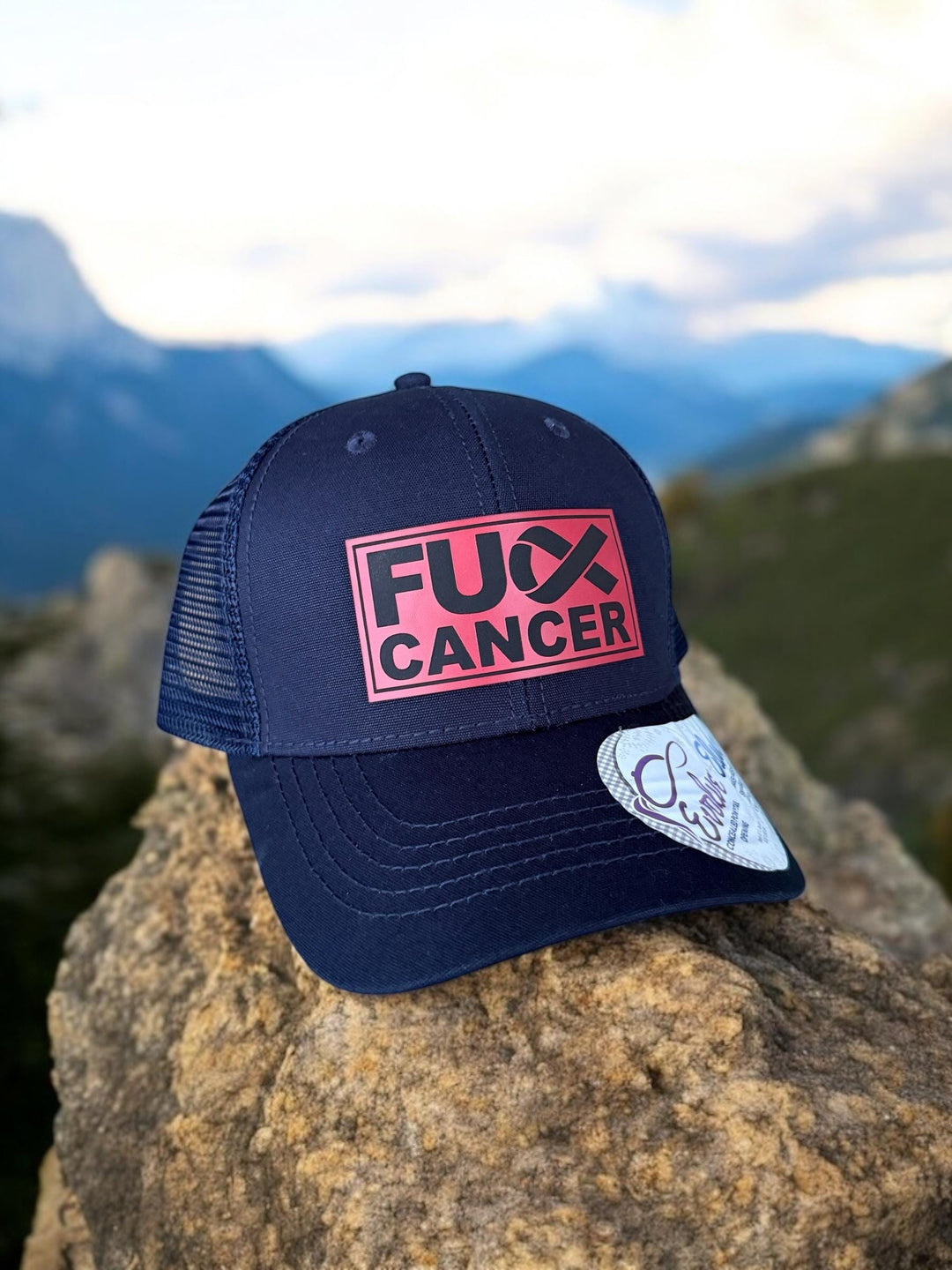 Blood cancer awareness red ribbon ponytail trucker hat by BubbleHead Ink