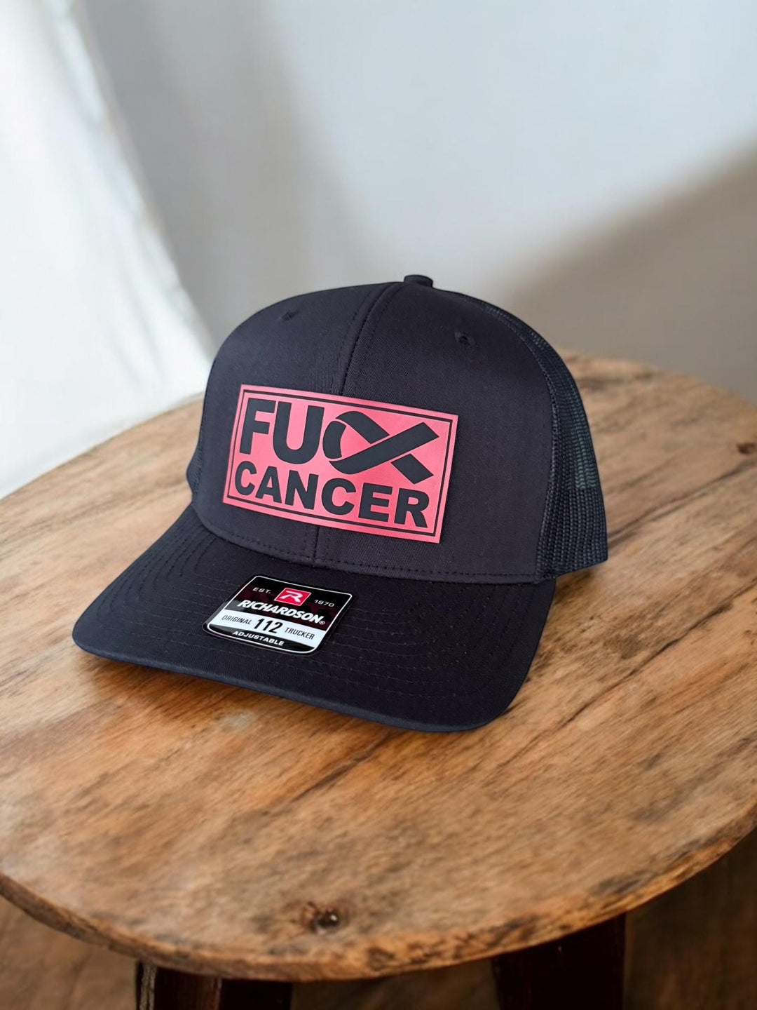 Blood cancer awareness red ribbon Richardson 112 trucker hat by BubbleHead Ink