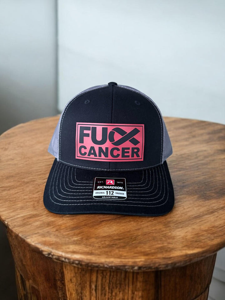 Blood cancer awareness red ribbon Richardson 112 trucker hat by BubbleHead Ink