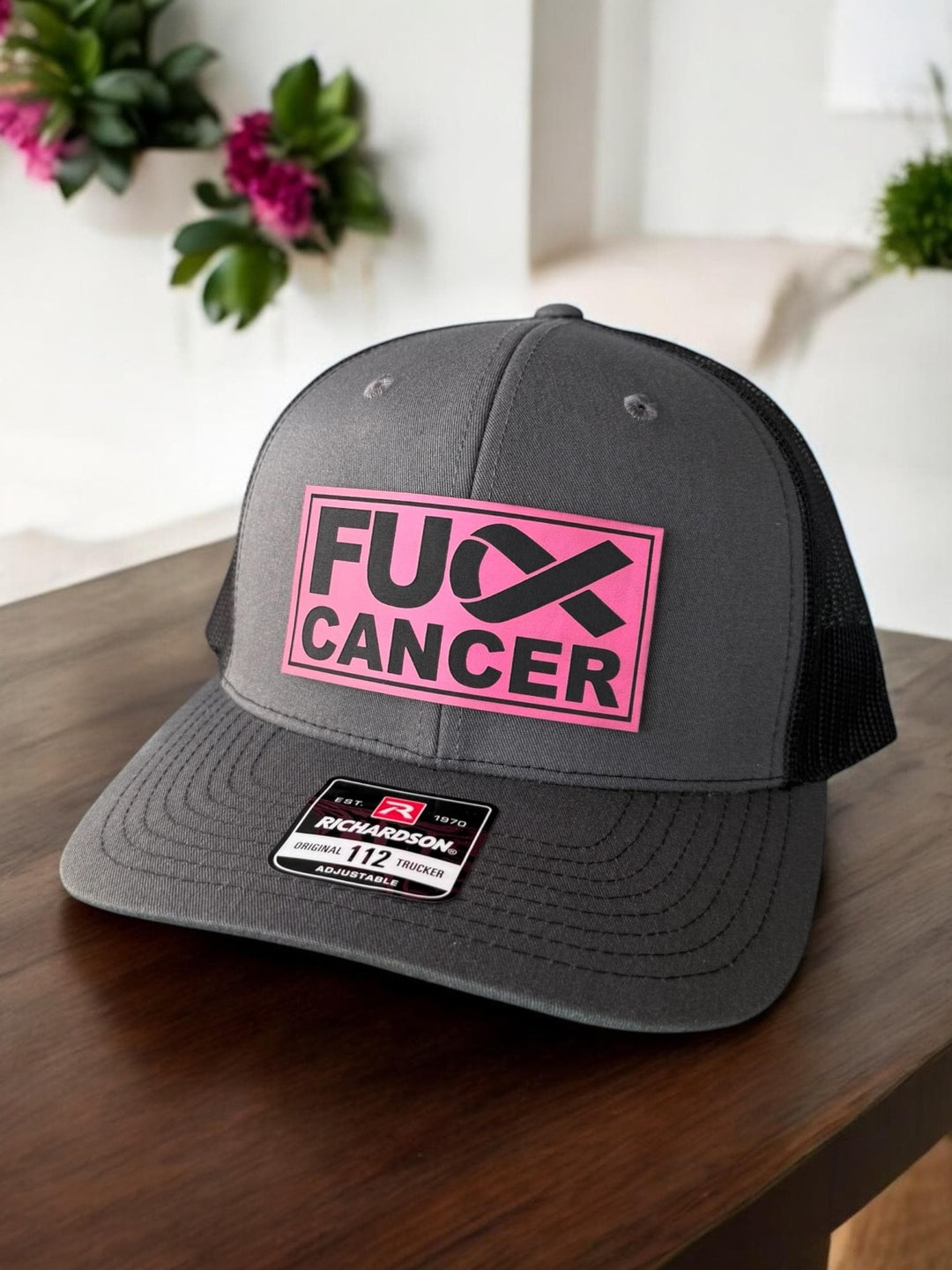 Breast cancer awareness pink ribbon Richardson 112 trucker hat by BubbleHead Ink