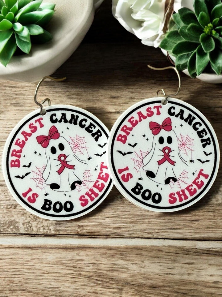 Breast Cancer Is Boo Sheet ghost pink ribbon Halloween earrings by BubbleHead Ink