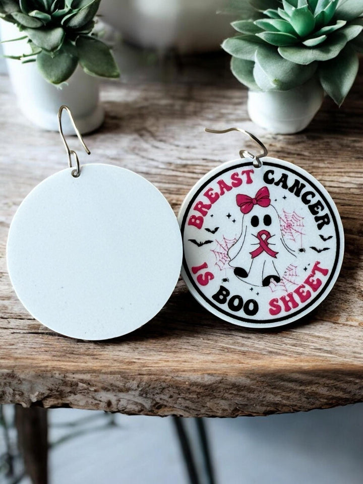 Breast Cancer Is Boo Sheet ghost pink ribbon Halloween earrings by BubbleHead Ink