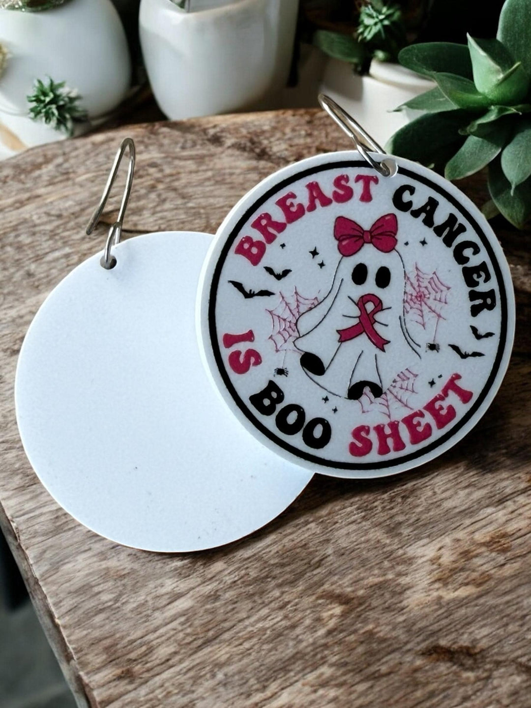 Breast Cancer Is Boo Sheet ghost pink ribbon Halloween earrings by BubbleHead Ink