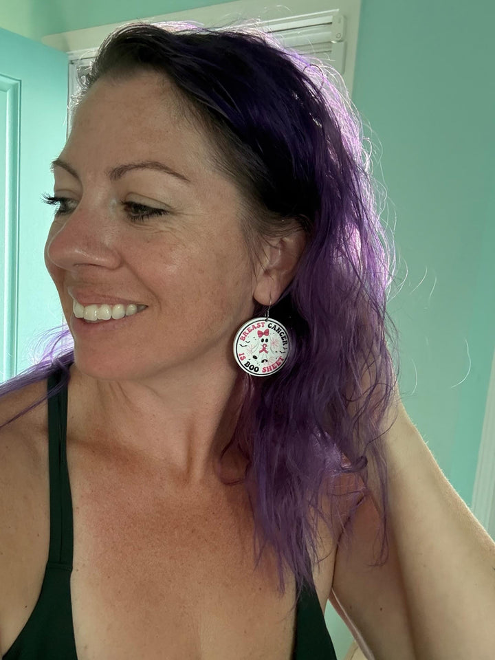 Breast Cancer Is Boo Sheet ghost pink ribbon Halloween earrings by BubbleHead Ink