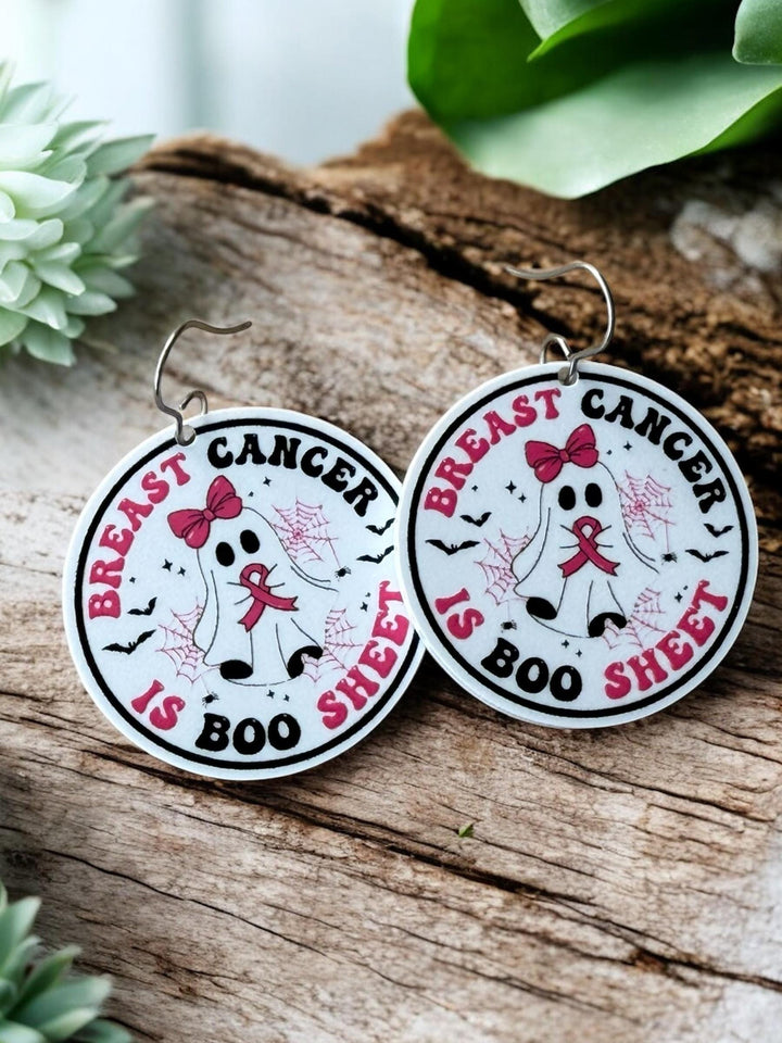 Breast Cancer Is Boo Sheet ghost pink ribbon Halloween earrings by BubbleHead Ink