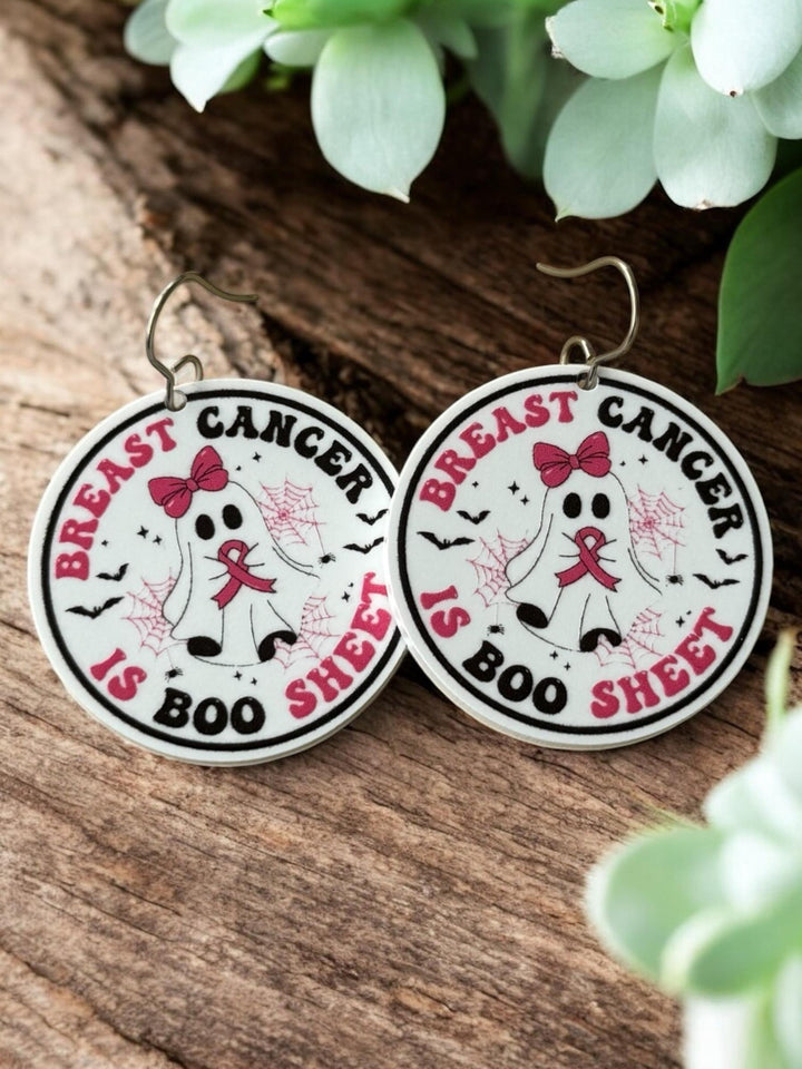 Breast Cancer Is Boo Sheet ghost pink ribbon Halloween earrings by BubbleHead Ink