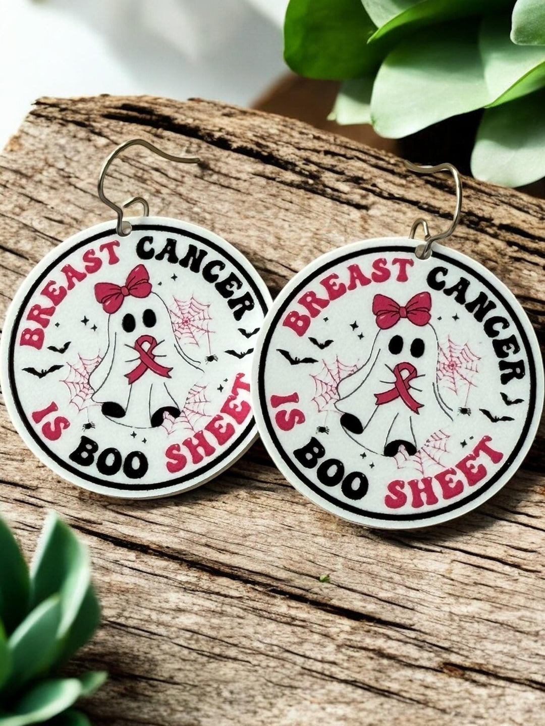 Breast Cancer Is Boo Sheet ghost pink ribbon Halloween earrings by BubbleHead Ink