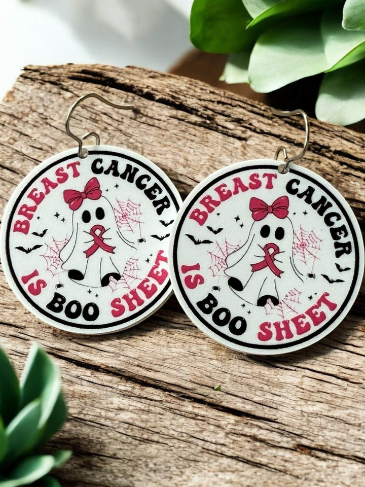 Breast Cancer Is Boo Sheet ghost pink ribbon Halloween earrings by BubbleHead Ink