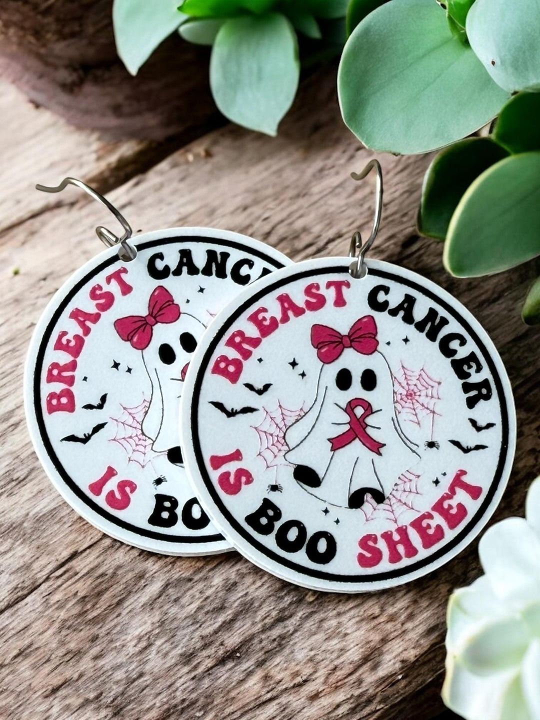 Breast Cancer Is Boo Sheet ghost pink ribbon Halloween earrings by BubbleHead Ink