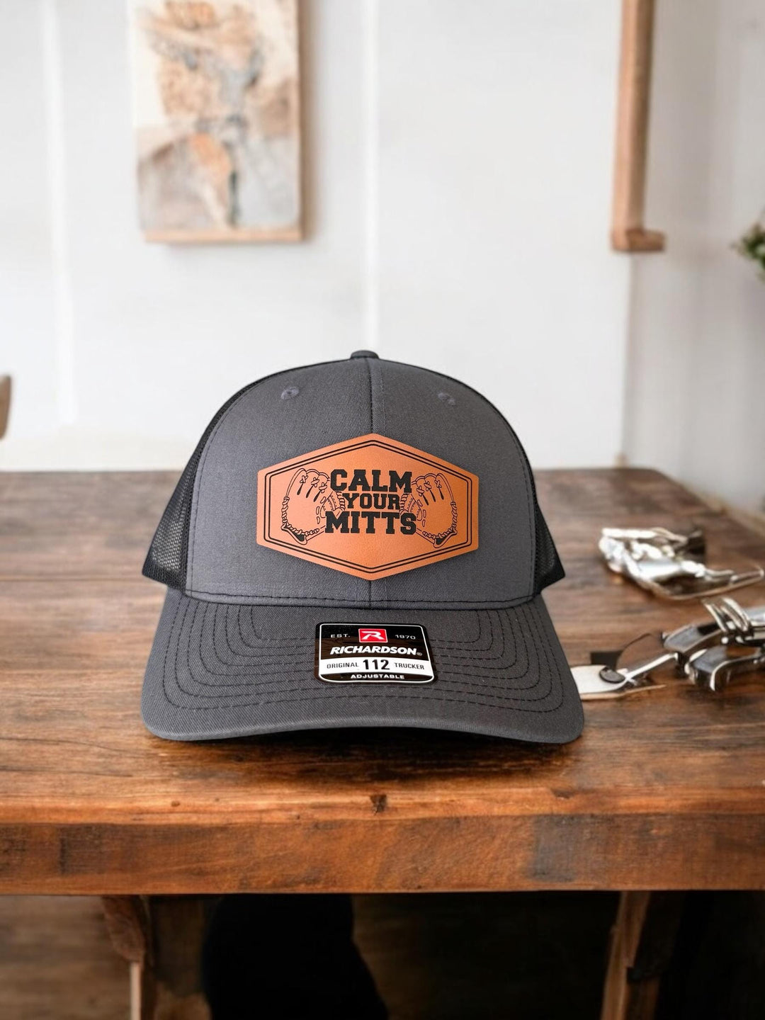 Calm Your Mitts funny baseball coach trucker hat by BubbleHead Ink
