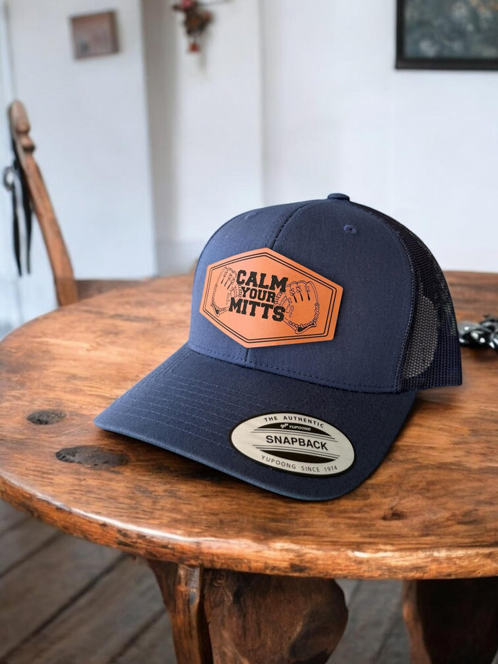Calm Your Mitts funny baseball coach trucker hat by BubbleHead Ink