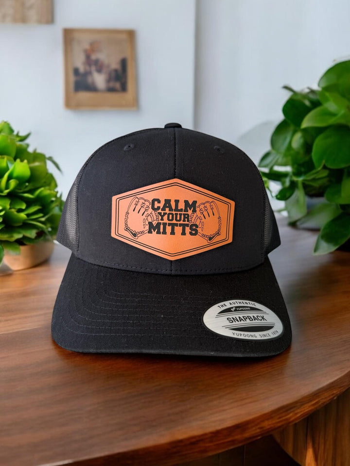 Calm Your Mitts funny baseball coach trucker hat by BubbleHead Ink