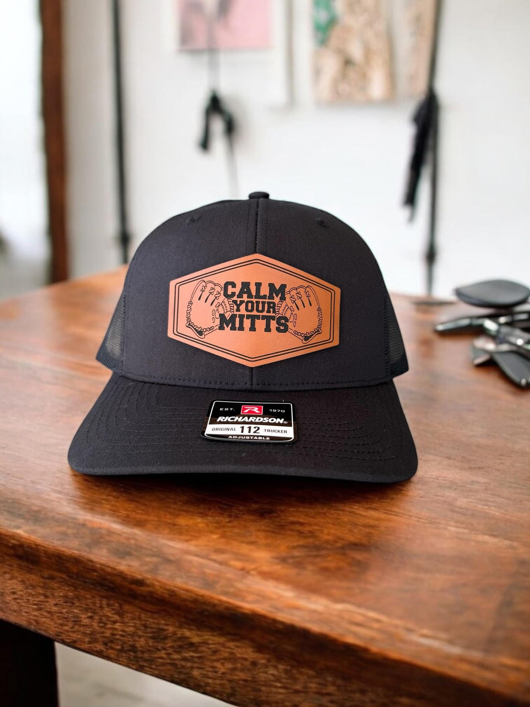 Calm Your Mitts funny baseball coach trucker hat by BubbleHead Ink