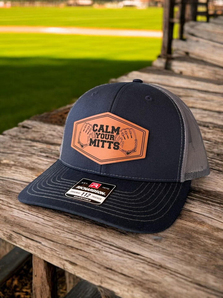Calm Your Mitts funny baseball coach trucker hat by BubbleHead Ink