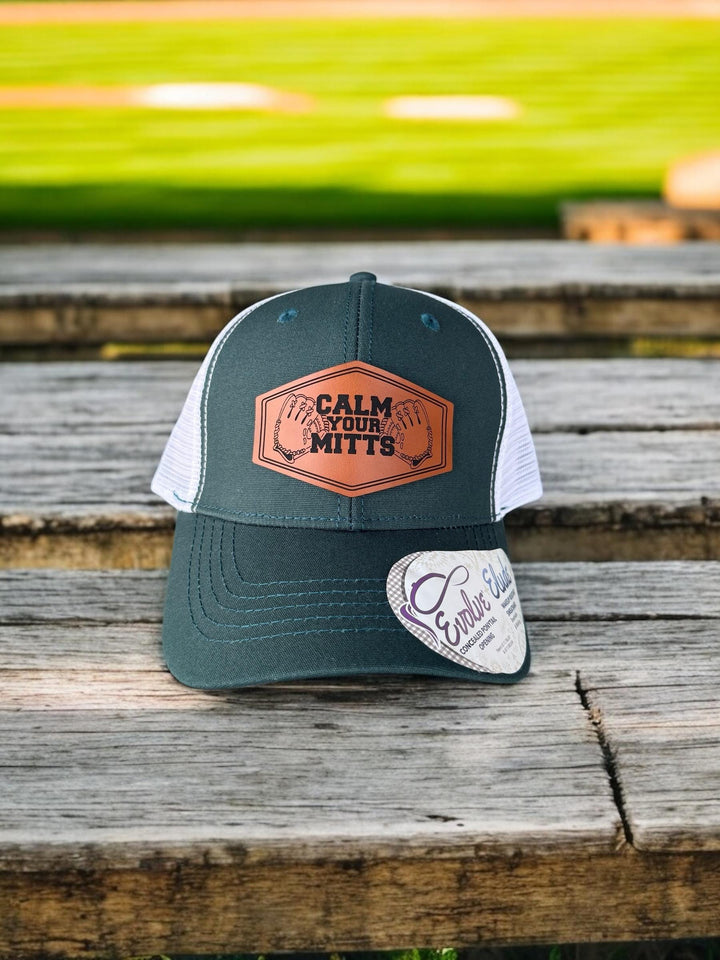 Calm Your Mitts funny baseball coach trucker hat by BubbleHead Ink