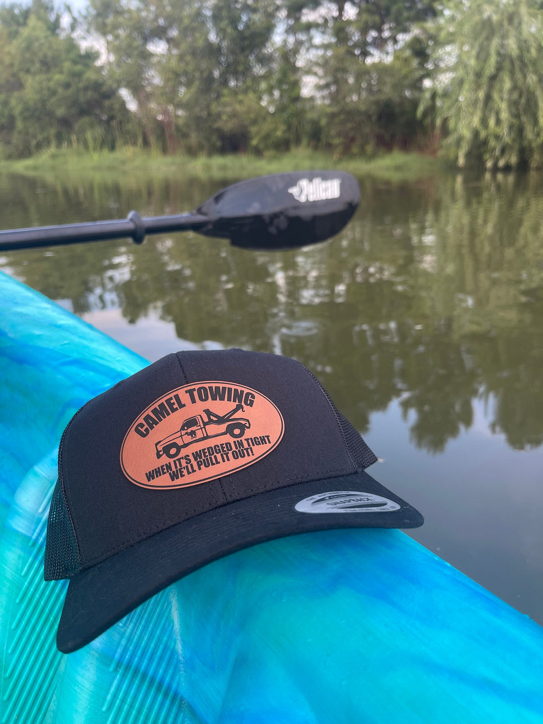 Camel Towing funny trucker hat with leather patch by BubbleHead Ink