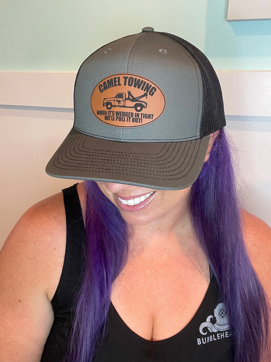 Camel Towing funny trucker hat with leather patch by BubbleHead Ink