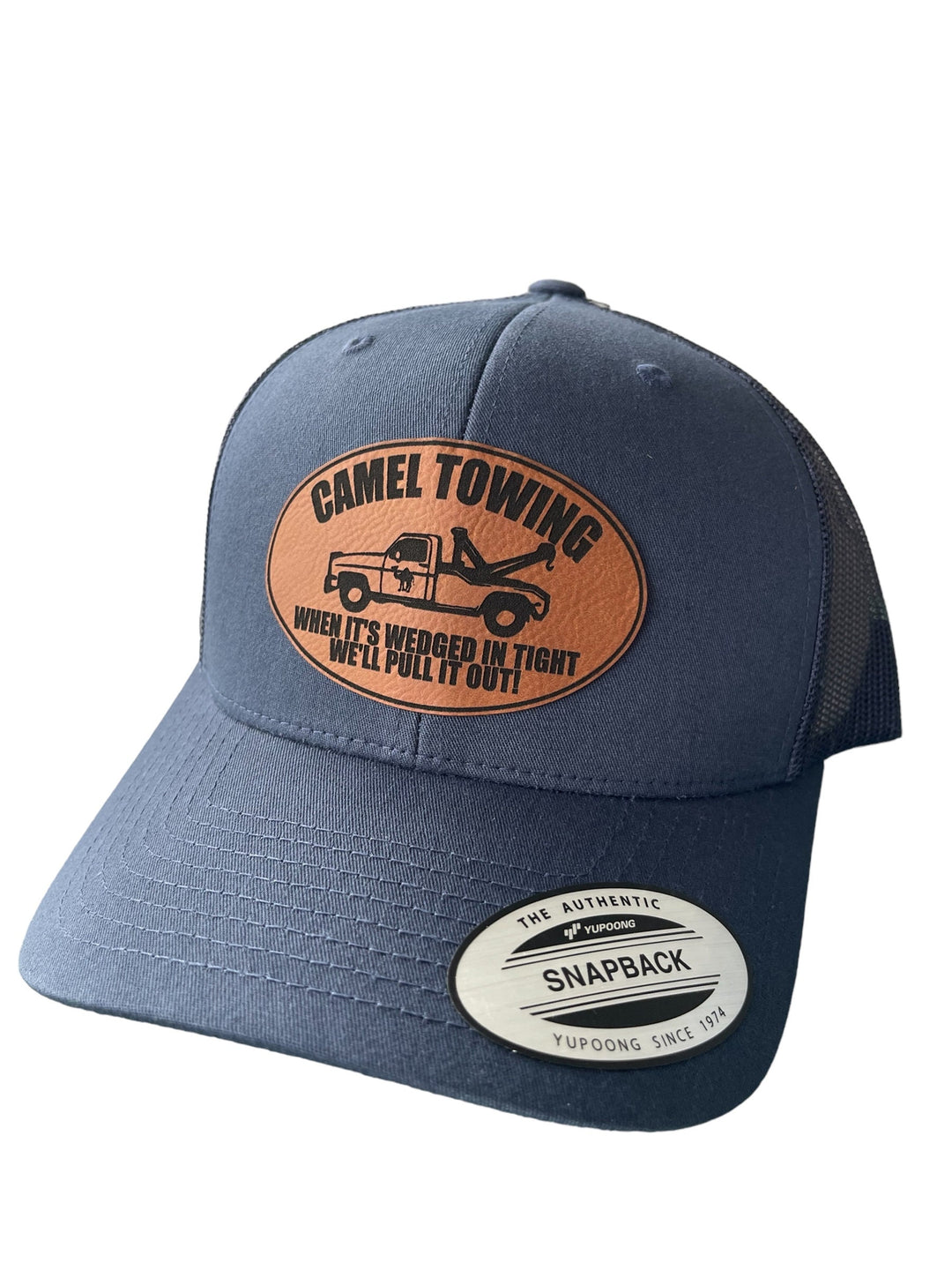 Camel Towing funny trucker hat with leather patch by BubbleHead Ink