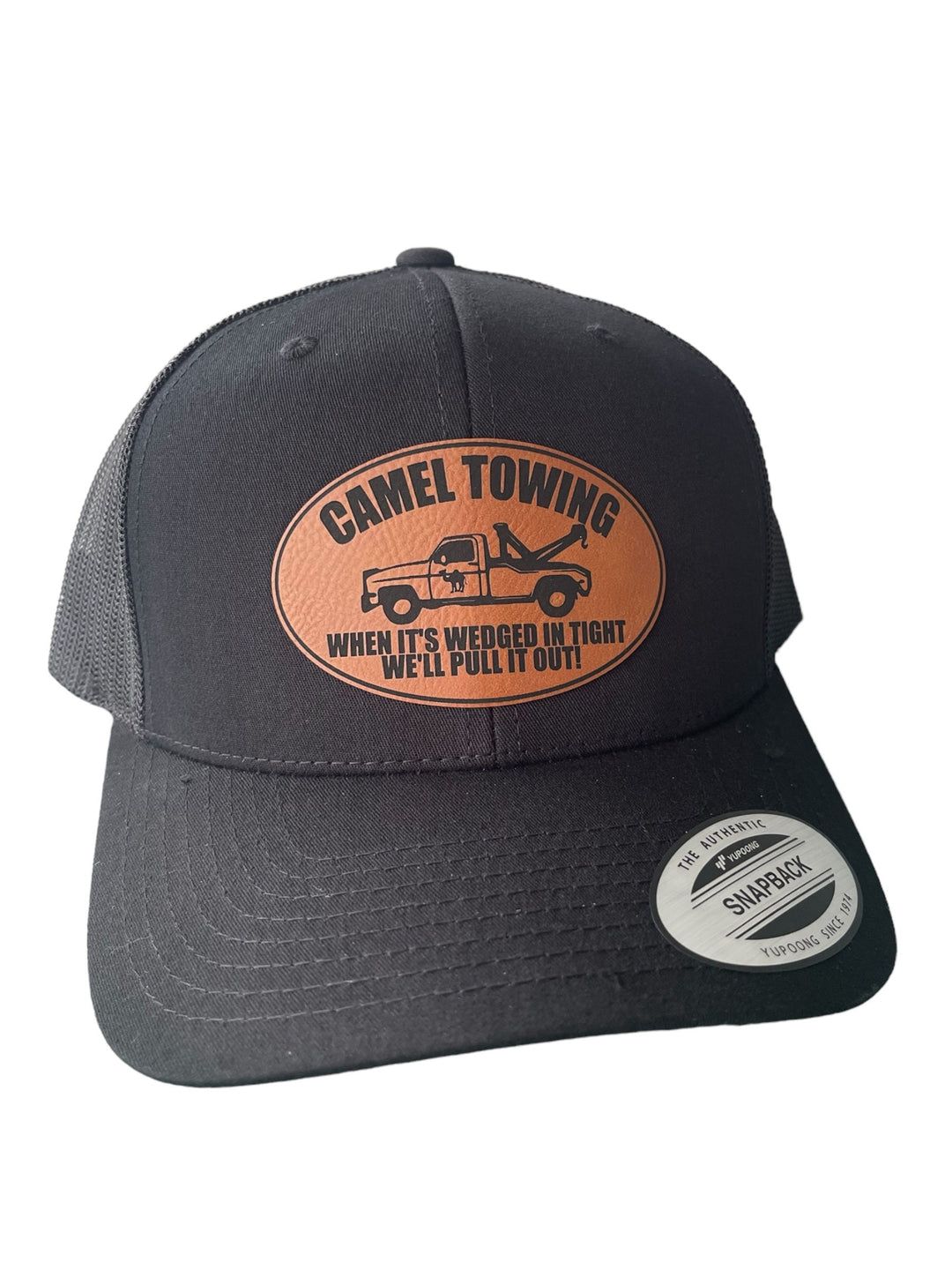 Camel Towing funny trucker hat with leather patch by BubbleHead Ink