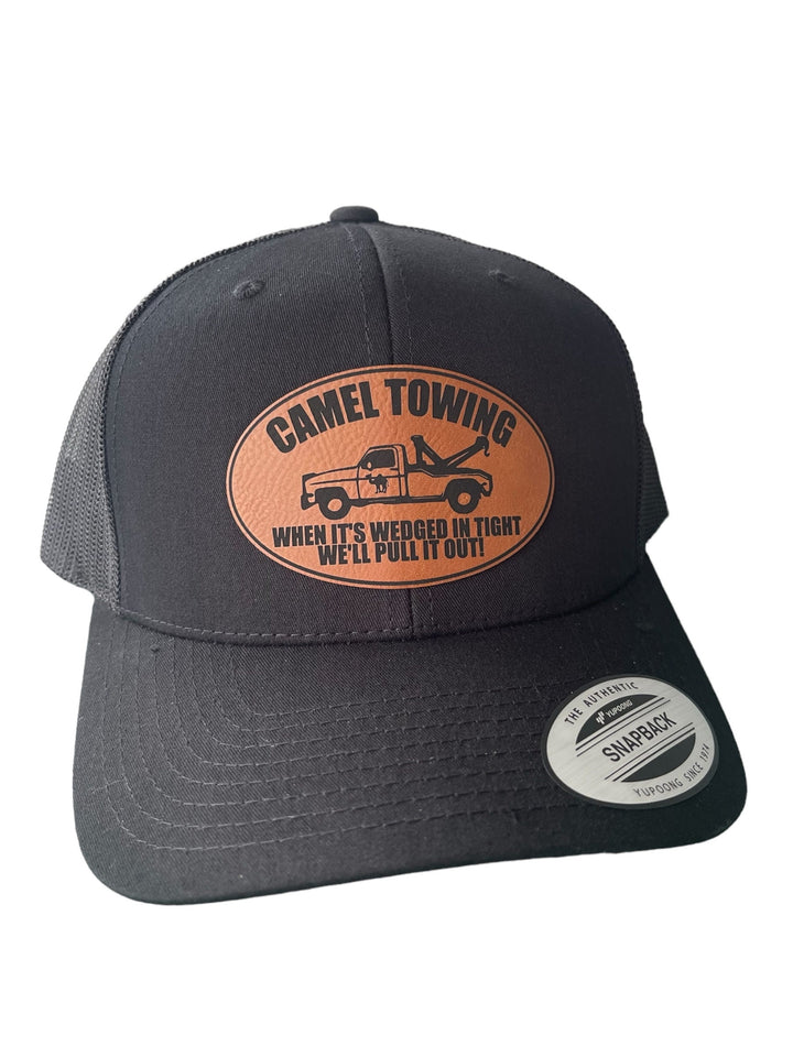 Camel Towing funny trucker hat with leather patch by BubbleHead Ink